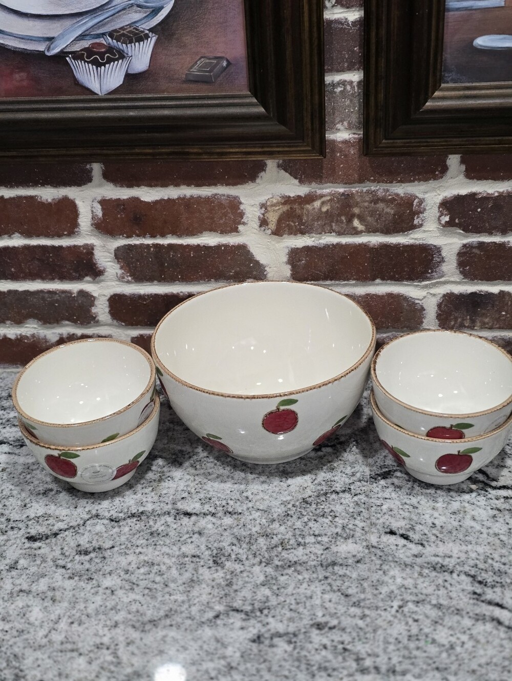 Cream Ceramic Mixing and Serving Bowl Set with Red Apple Motif